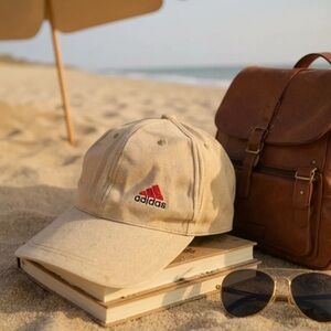 ADIDAS tan adjustable strap back baseball cap hat red embroidered logo